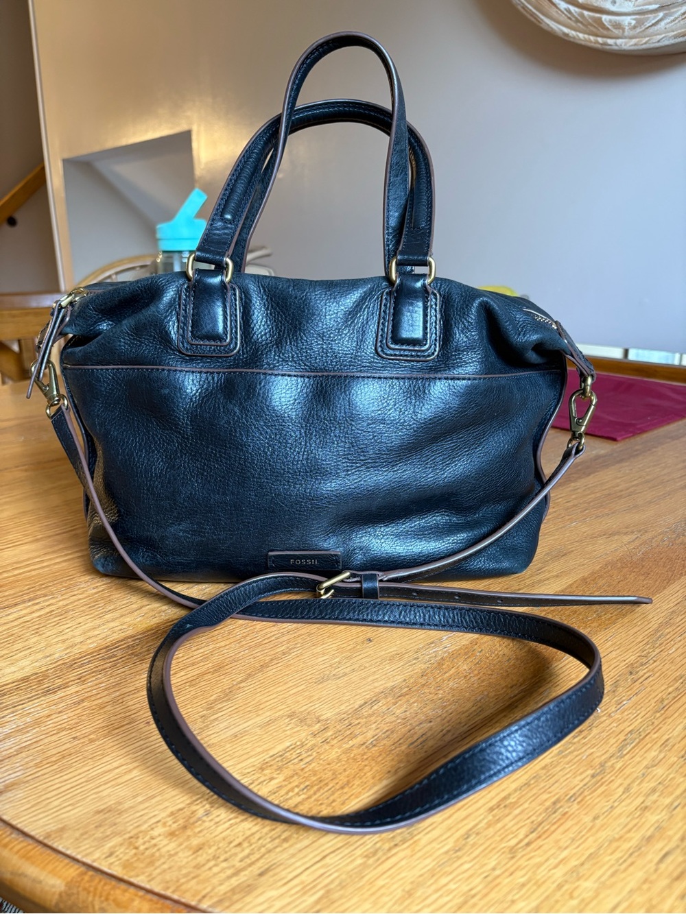 Fossil Black Leather Satchel with Gold-Tone Hardware